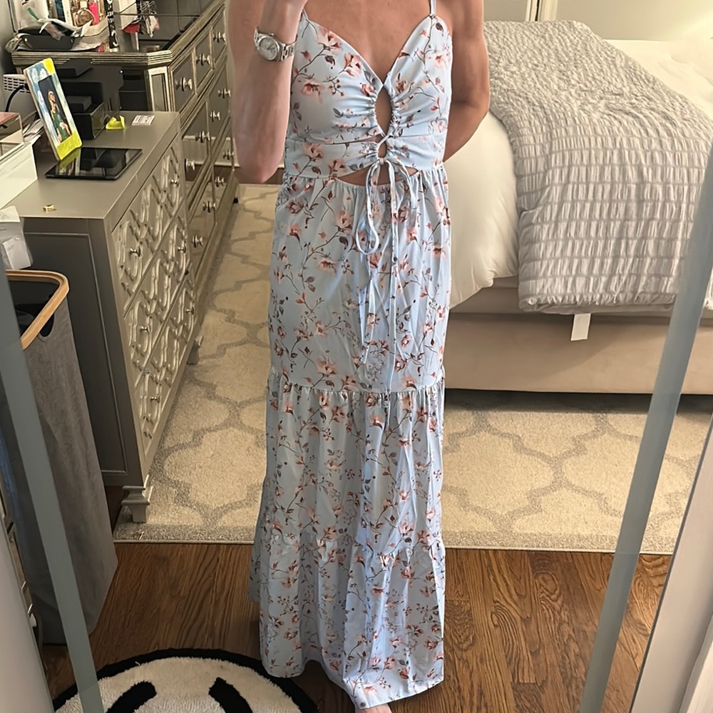 SHEIN Light Blue Floral Cutout Tie-Front Maxi Dress